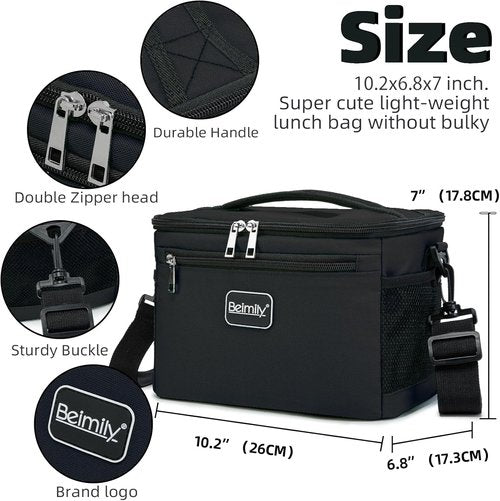 BEIMILY Insulated Lunch Box - Leak-Proof Soft Cooler Tote Bag for Work & Travel | Adjustable Shoulder Strap (Black)