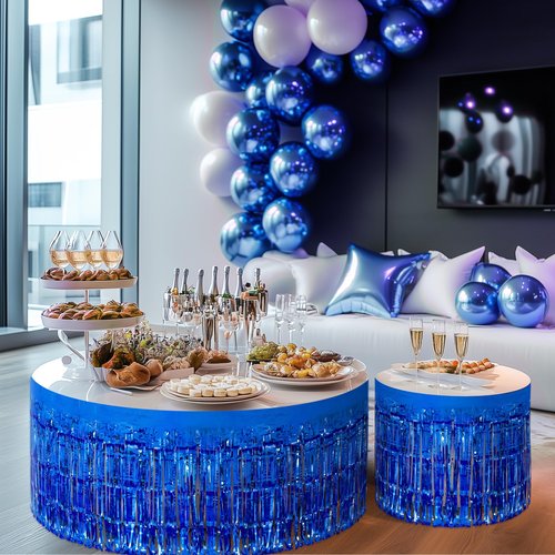 2 Pack Dark Blue Table Skirts, 29x108" Metallic Foil Tinsel Fringe Table Skirts for Rectangle Tables Streamer Curtains Backdrop, Party Decorations for Birthdays Weddings Holidays