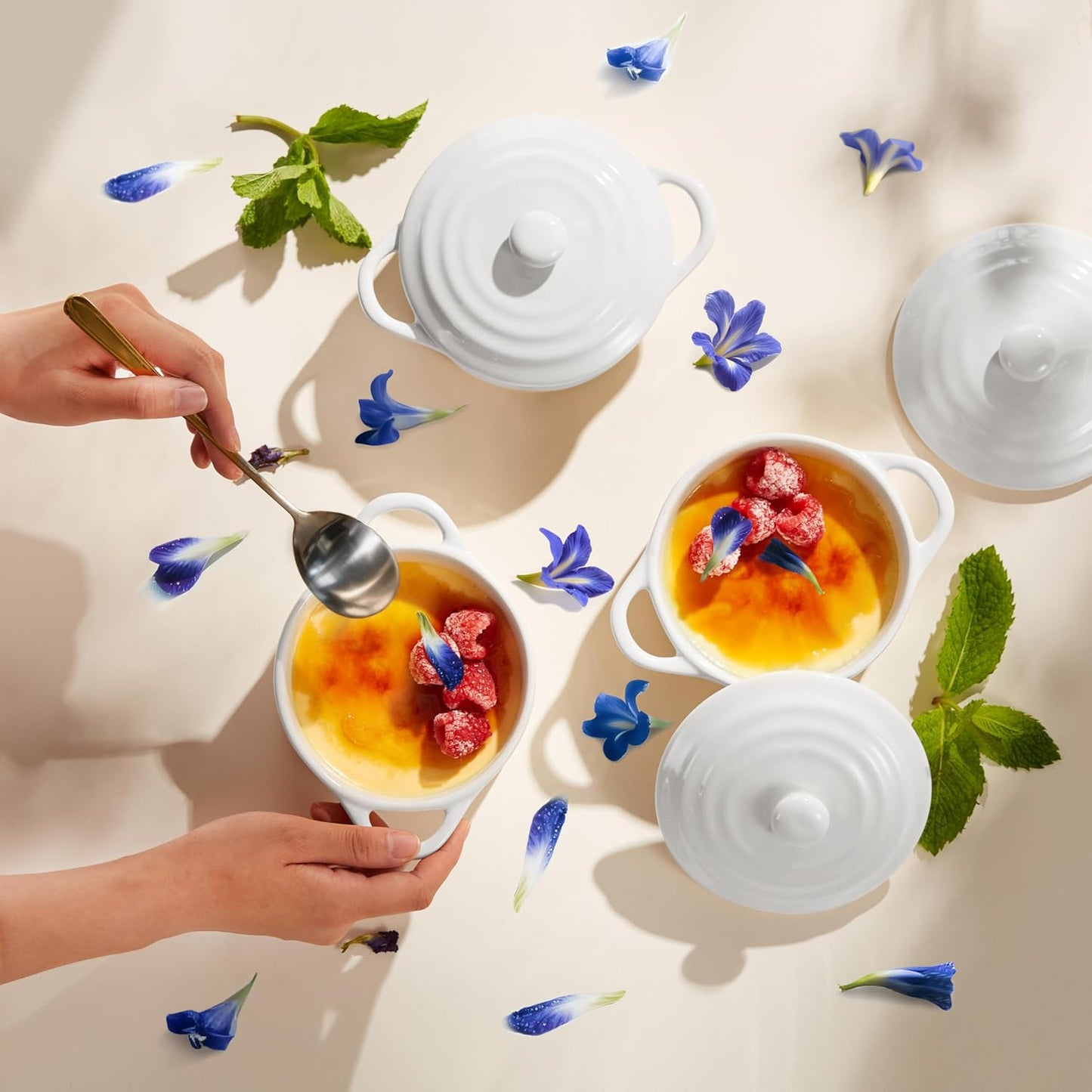 Kook Ceramic Mini Cocotte Set - Small Casserole Dishes with Lids | Oven Safe 350°F, 12 oz, Set of 4 (Swiss White)