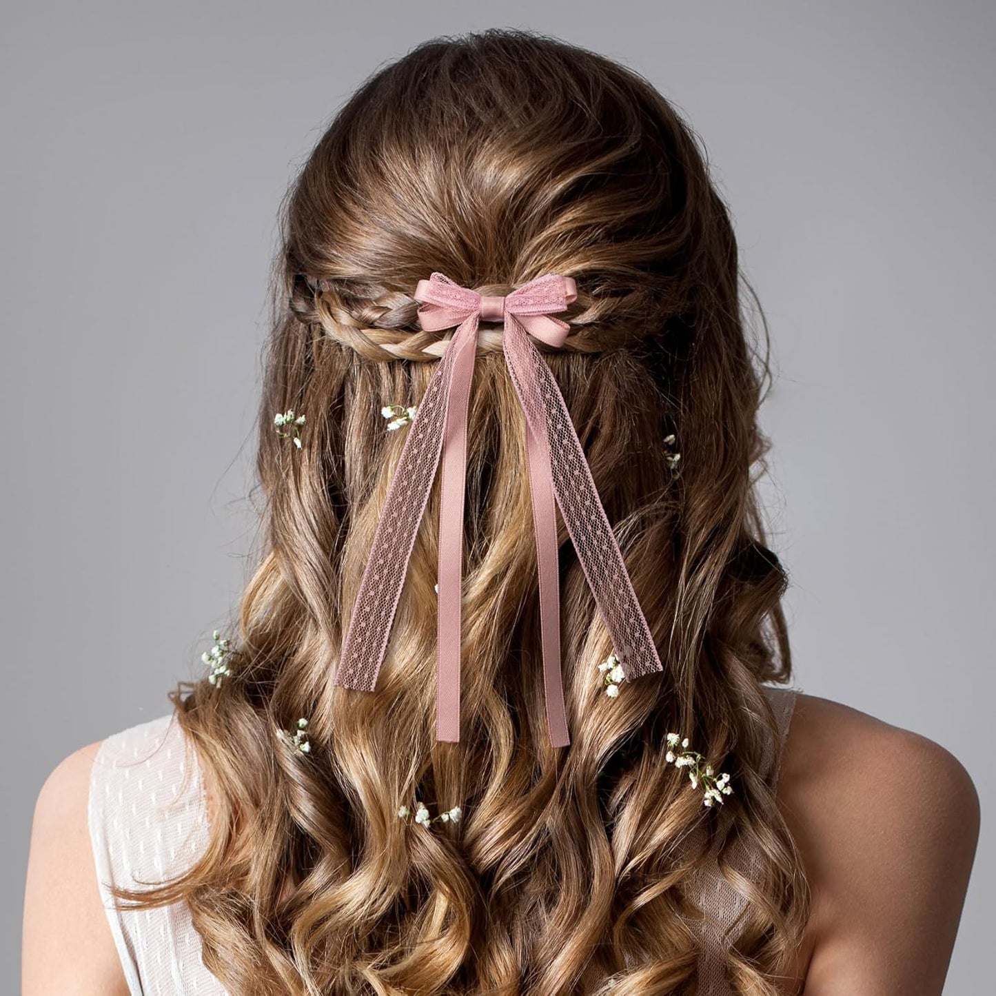 Skiennix Pink Lace Hair Bows - Cute Coquette Bow Clips with Long Tail Ribbons for Women | Perfect for Weddings & Special Occasions