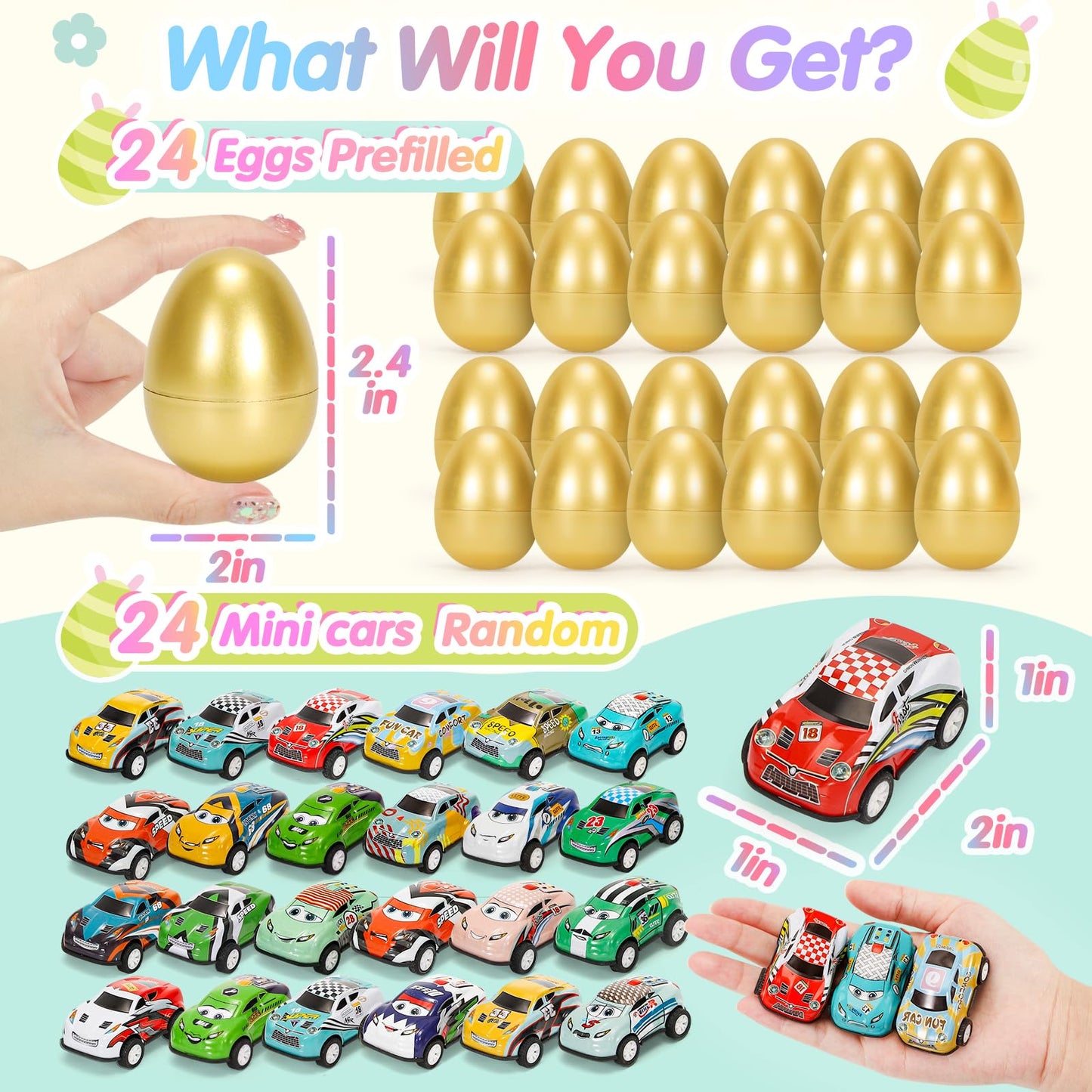 SevenQ Toy Cars Easter Basket Stuffers 24 Pcs, Prefilled Easter Egg Fillers Race Car Party Favors for Kids Birthday Goodie Bag Treasure Box Toys for Classroom Treat Prizes Pinata Egg Hunt Supplies