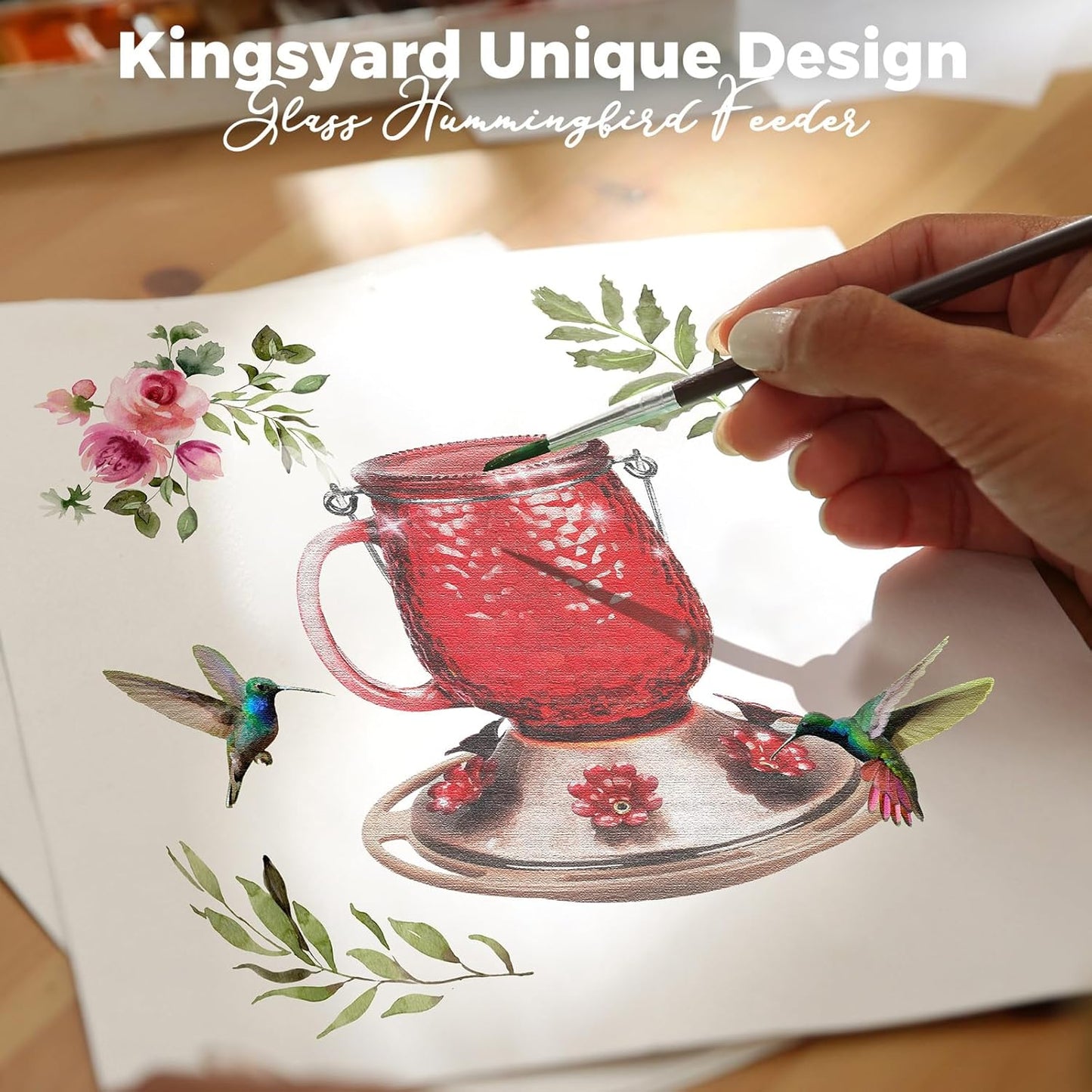 Kingsyard Hummingbird Feeder - 16 Oz Outdoor Glass Nectar Feeder with 6 Feeding Ports & Ant Moat | Red Garden Décor Gift