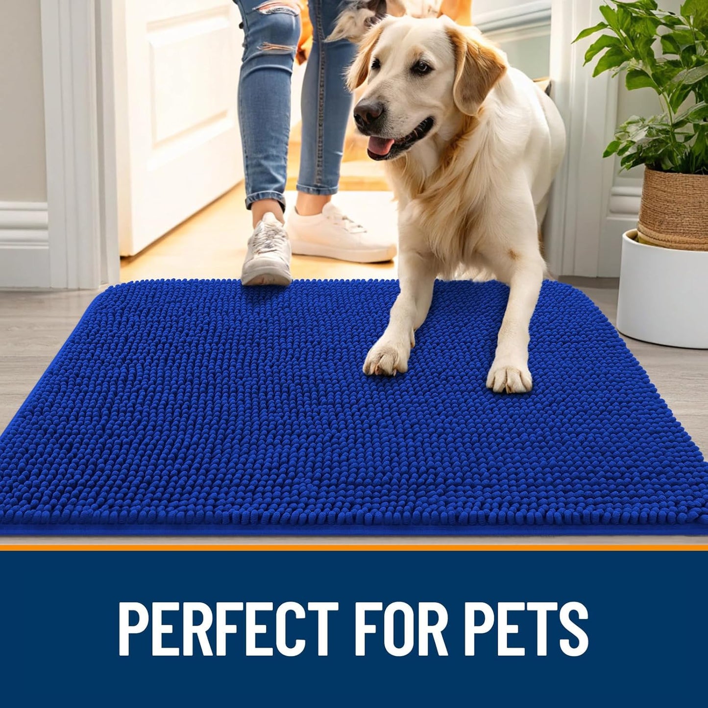 OLANLY Dog Door Mat - Absorbent Non-Slip Washable Doormat for Muddy Paws | 70x35 Royal Blue