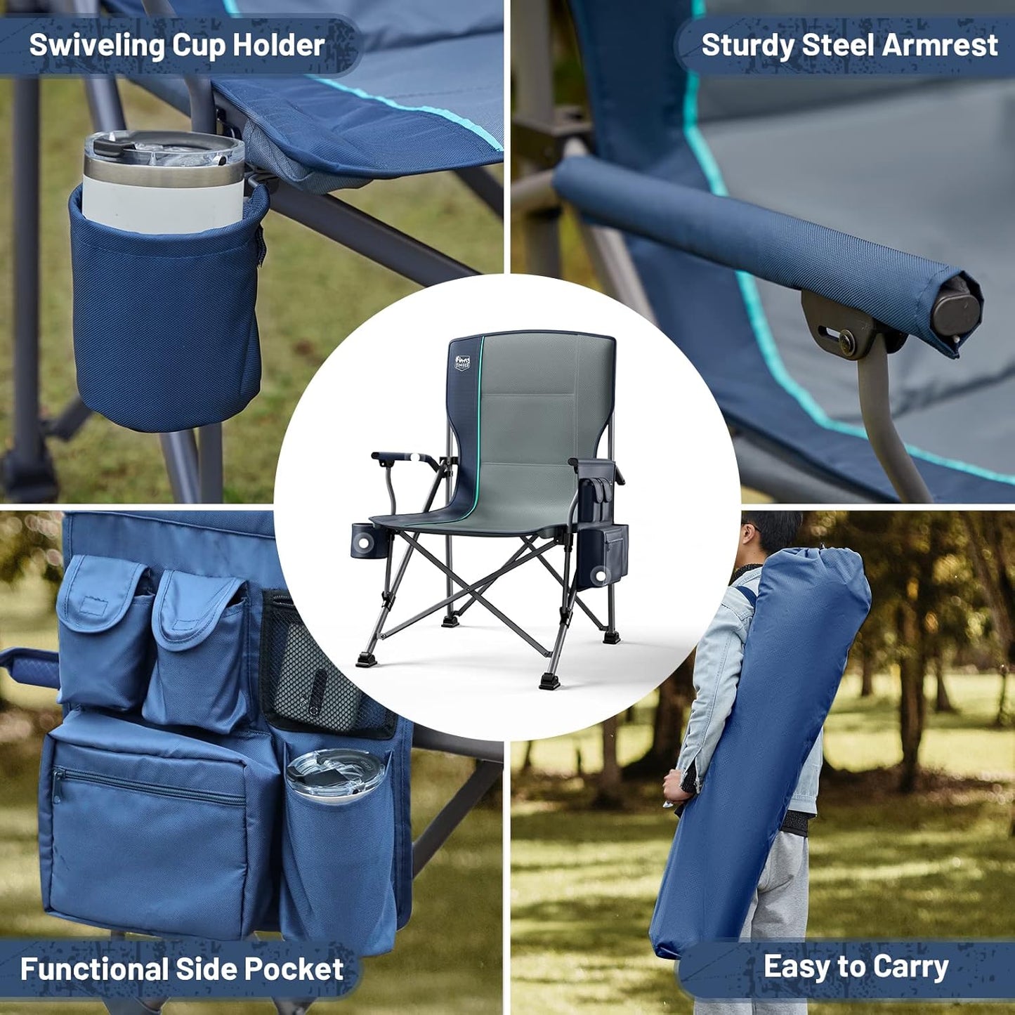 Timber Ridge Oversized Folding Camping Chair - Heavy Duty High Back Support Up to 500lbs | Includes Cup Holder & Cooler Bag