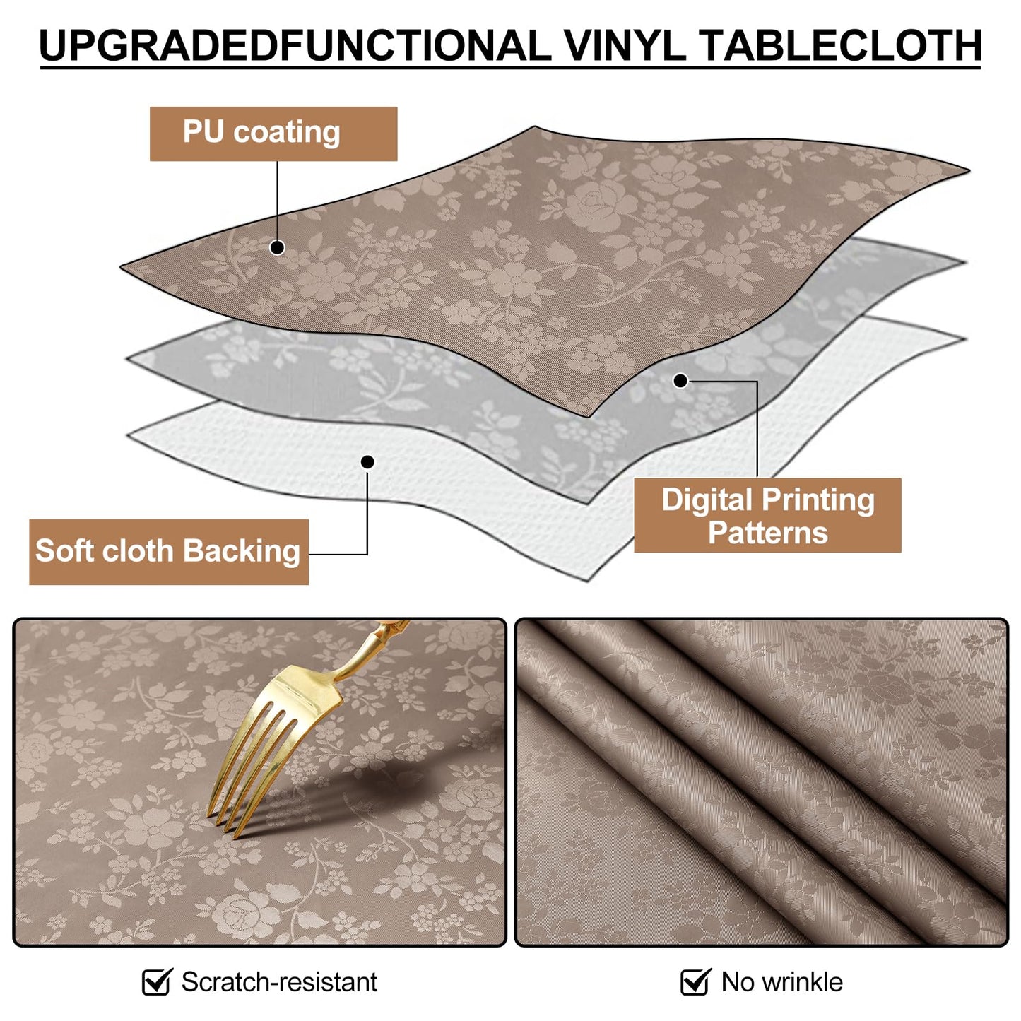 Smiry Rectangle Table Cloth, Waterproof Heavy Duty Vinyl Tablecloths, Wipeable Washable Table Cover for Kitchen and Dining Room (Taupe, 60" X 84")