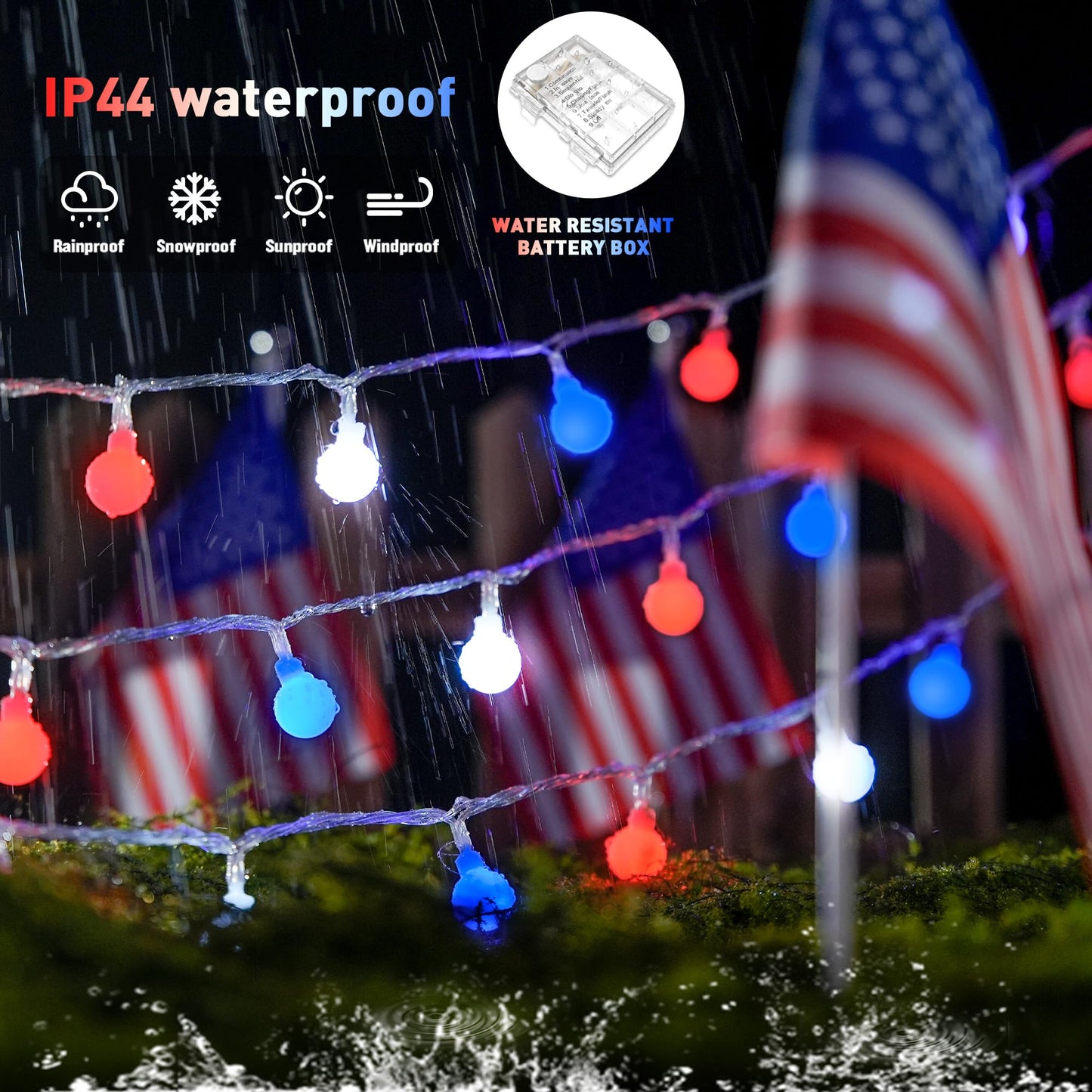 JMEXSUSS Red White and Blue Lights Battery Operated, 33ft 4th of July Lights Outdoor Waterproof, 100 LED String Light for Independence Day Memorial Patriotic Day Decor