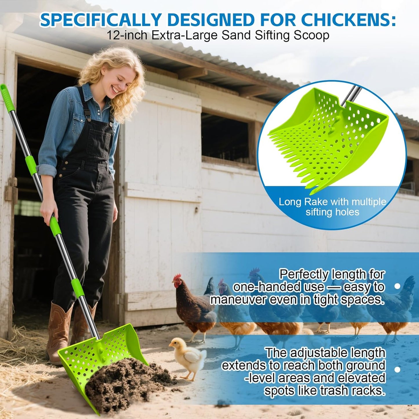 Skiennix 12-Inch Chicken Poop Scooper & Rake - Stainless Steel Handle with 3-Shape Sifting Holes | Adjustable 20-61" (Green)