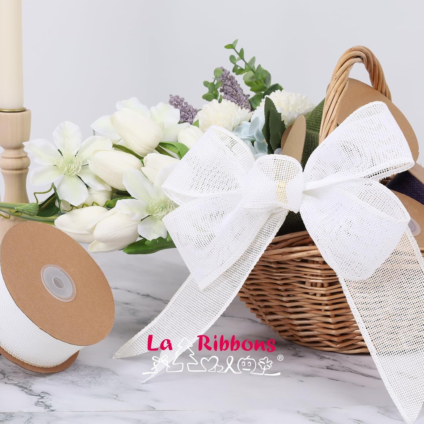 LaRibbons Burlap Ribbon - 2.5 Inch x 12 Yards White Wired Fabric for Spring Crafts & Gift Wrapping