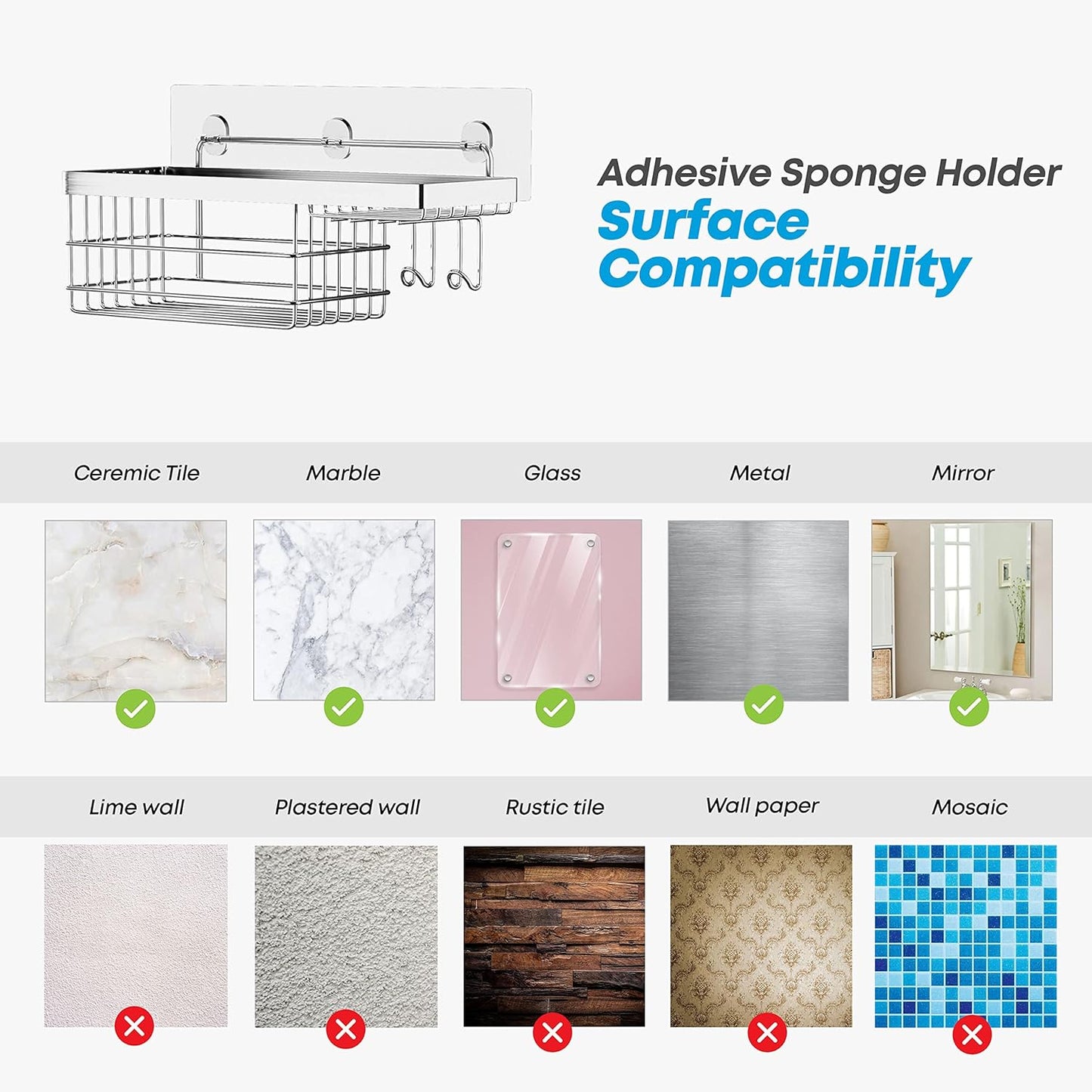 KESOL Shower Caddy - Wall-Mounted Organizer with Hooks | Rustproof SUS304 Stainless Steel (2 Pack) - Silver