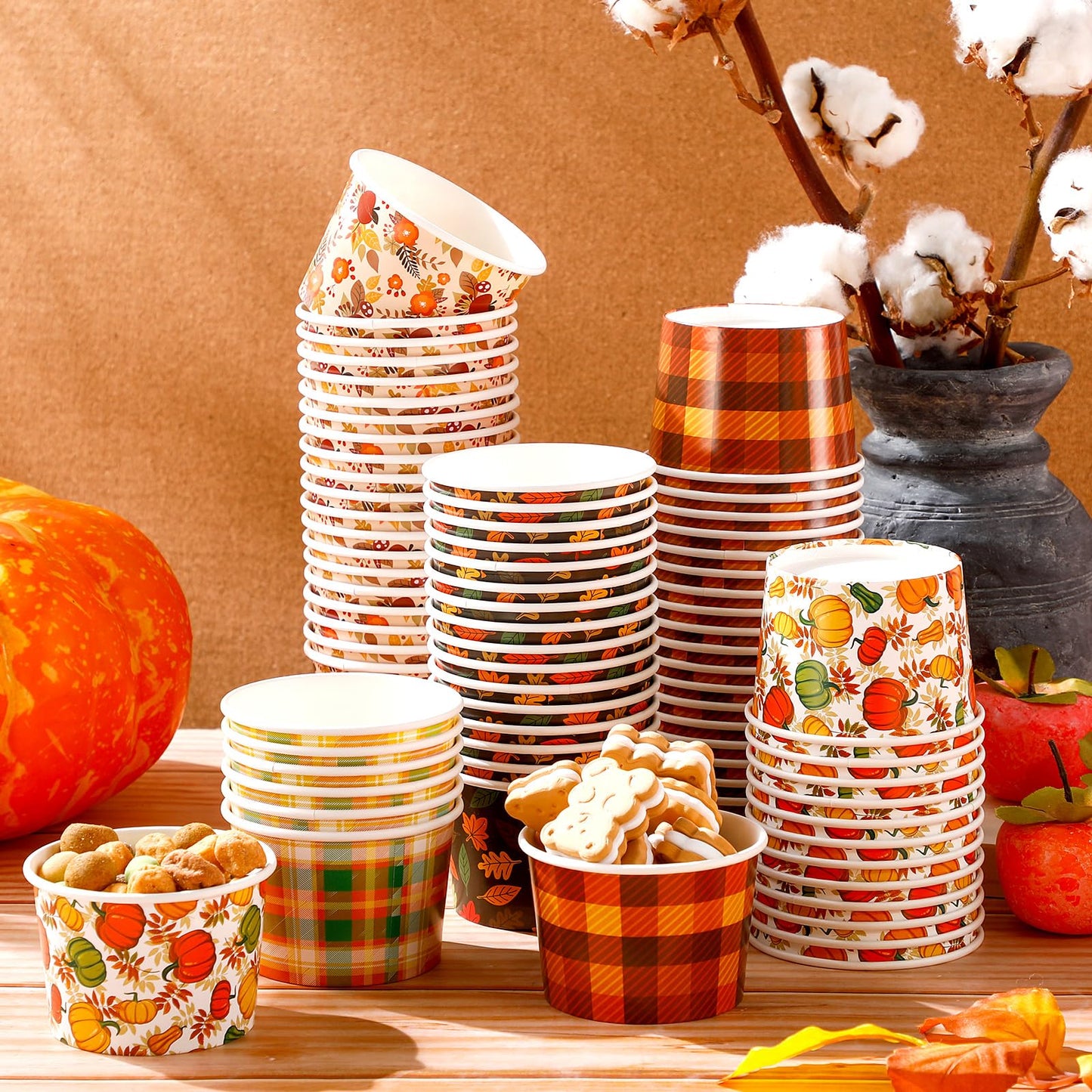 Uiifan 50 Pcs Fall Snack Cups 8 oz Disposable Pumpkin Bowls Maple Leave Plaid Thanksgiving Cups Disposable Dessert Fall Party Bowls for Ice Cream Soup Hot Cold Food Party Supplies 5 Styles