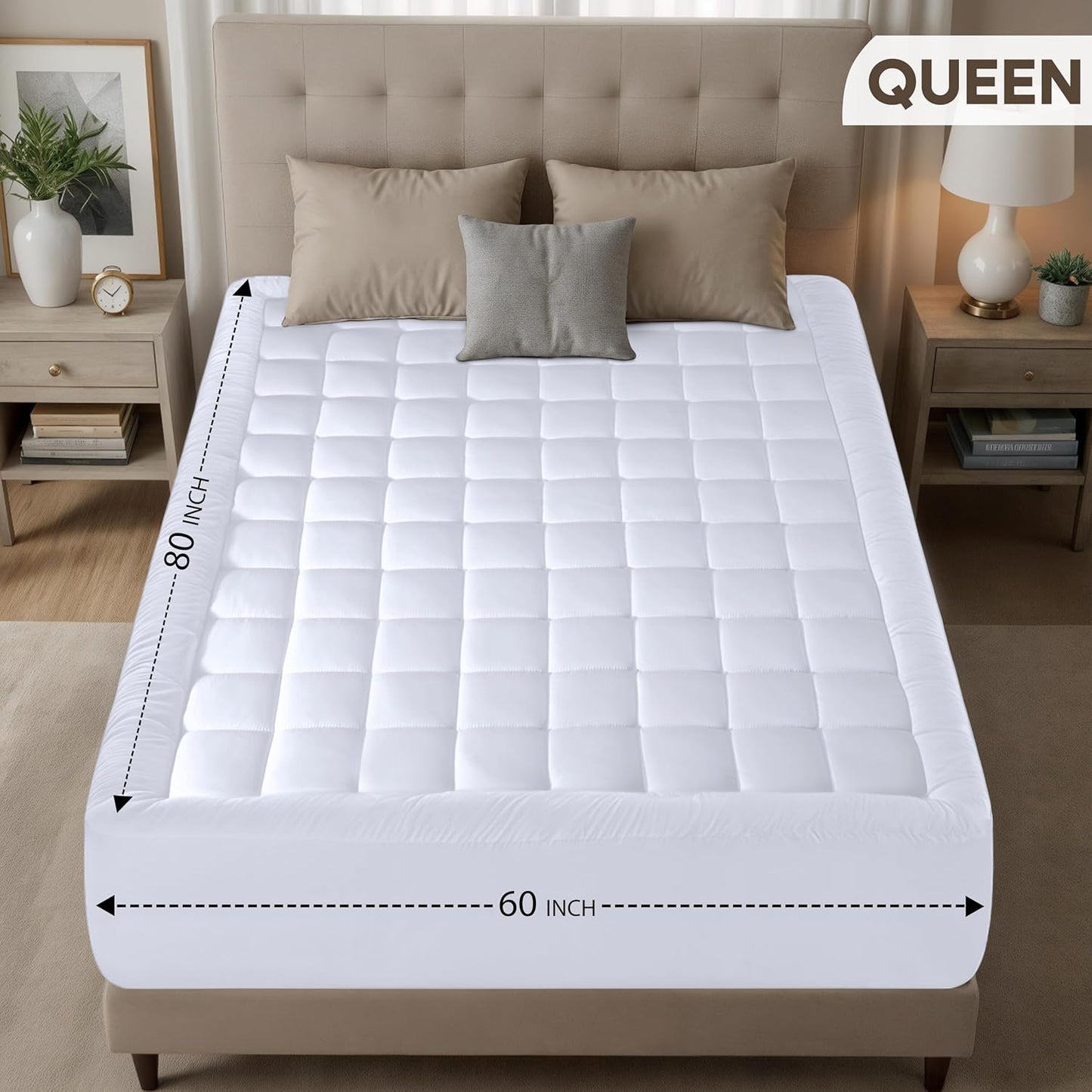 Utopia Bedding Queen Mattress Pad - Quilted Fitted Protector with Fluffy Pillow Top | Deep Pocket 60x80 Inches, White