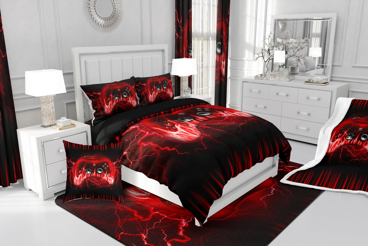 Feelyou Kids Gaming Comforter Set,Boys Gamer Bedding Set Full Size,Teens Bedroom Room Decor,Red and Black Game Contoller Comforter,Geometric Fire Ombre Game Bed Set All Season for Game Lovers