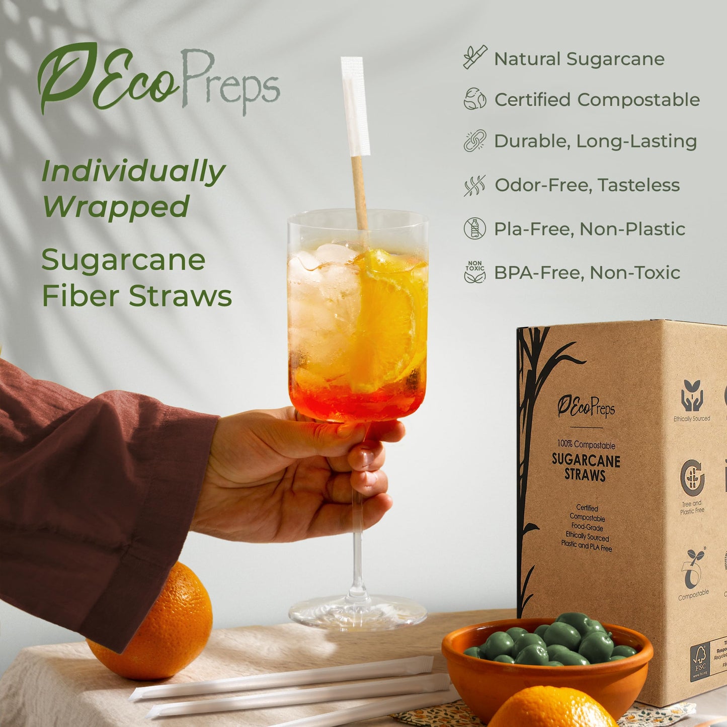 EcoPreps Biodegradable Sugarcane Straws, Plastic-Free Individually Wrapped Straws | 300 Count, 100% Compostable, Eco-Friendly Drinking Straw | 7.8” Sugar Fiber Disposable Straw, Packed in Paper Wrap