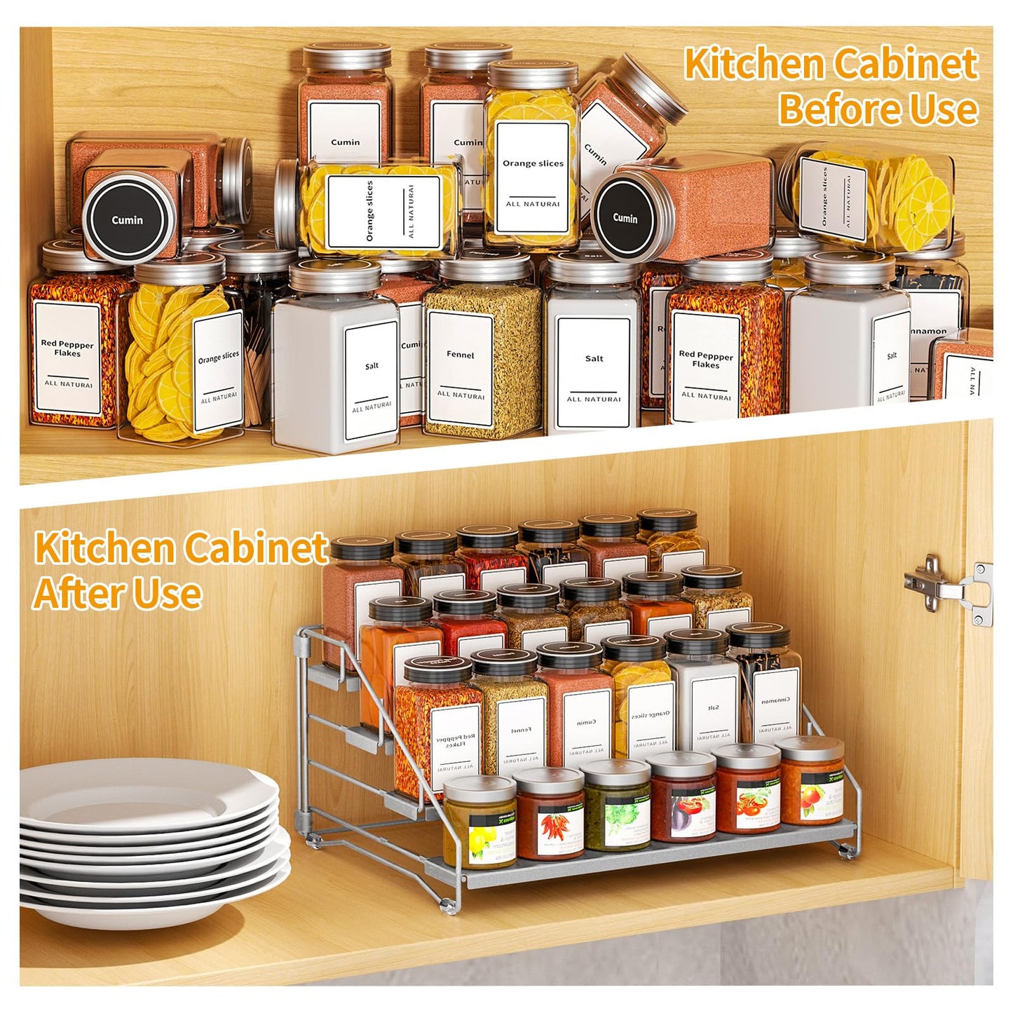 BOIVSHI 4 Tier Spice Rack for Cabinet, Spice Rack Organizer, Depth Adjustable Spice Organizer for Countertop, Cupboard, Pantry, Seasoning Shelf, Metal, Gray (1 Pack)