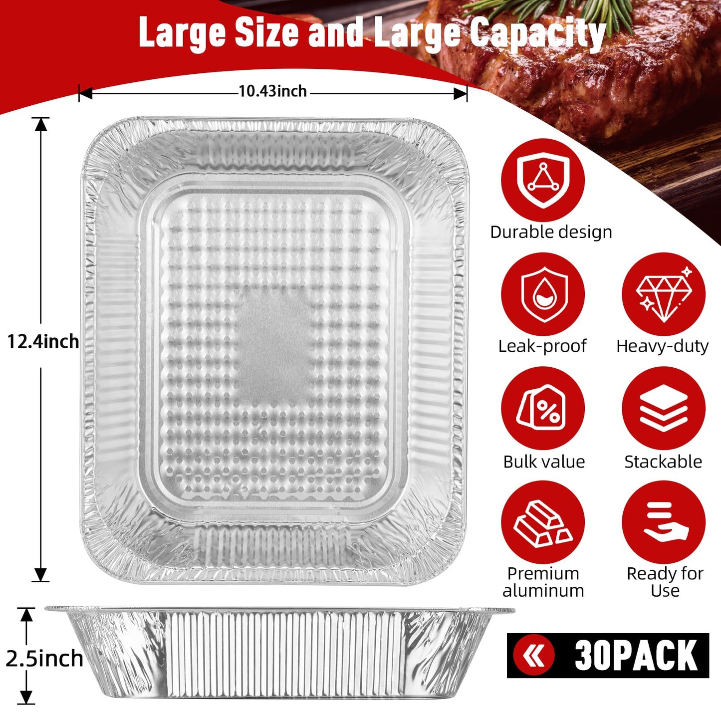 Aluminum Pans Half Size(30 Pack), 9x13, Heavy Duty Disposable Foil Pans for Baking, Roasting, Cooking, Heating, Storing, Deep Tin Foil Bakeware for Oven, Steam Table Tray, Cookware, Food Prepping