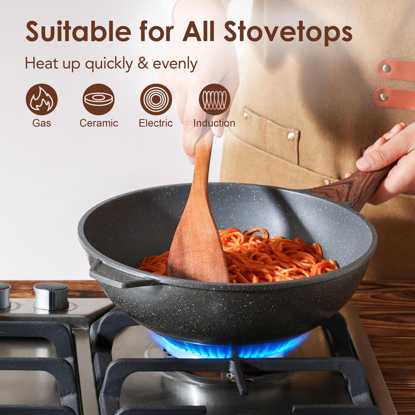 SENSARTE Nonstick Wok Pan with Lid 11-inch, Healthy Stir-fry Pan Induction Cookware with Swiss Granite Coating, Deep Frying Pan Skillet with Stay-cool Handle, PFOA Free