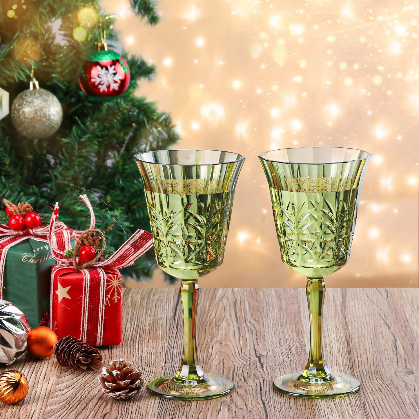10oz Green Plastic Wine Glasses Goblets Stemmed Wine Glasses Set of 12 Shatterproof and Reusable Crystal Glasses Set for Wedding Reception Grand Event Party Ceremony (12, Green)