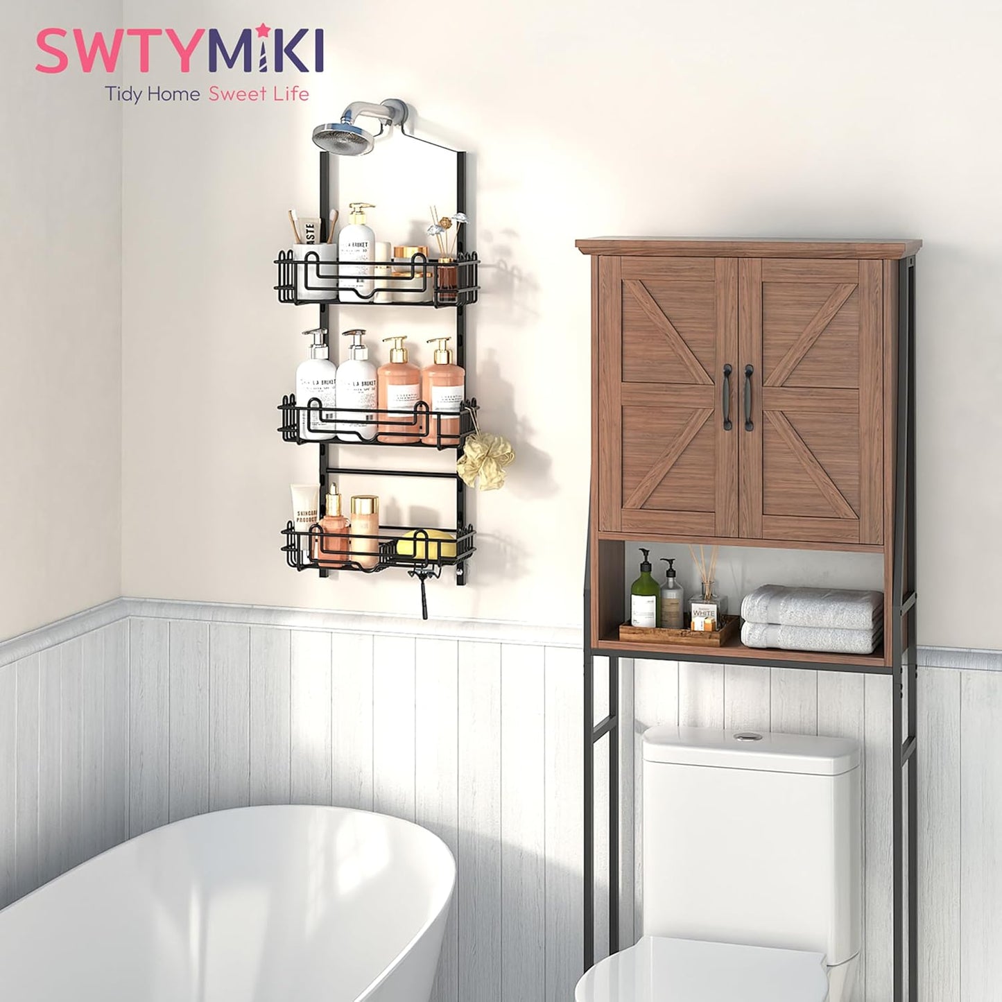 SWTYMIKI Shower Caddy - 3-Tier Rustproof Hanging Organizer with Adjustable Baskets & Hooks | Black Bathroom Storage Rack