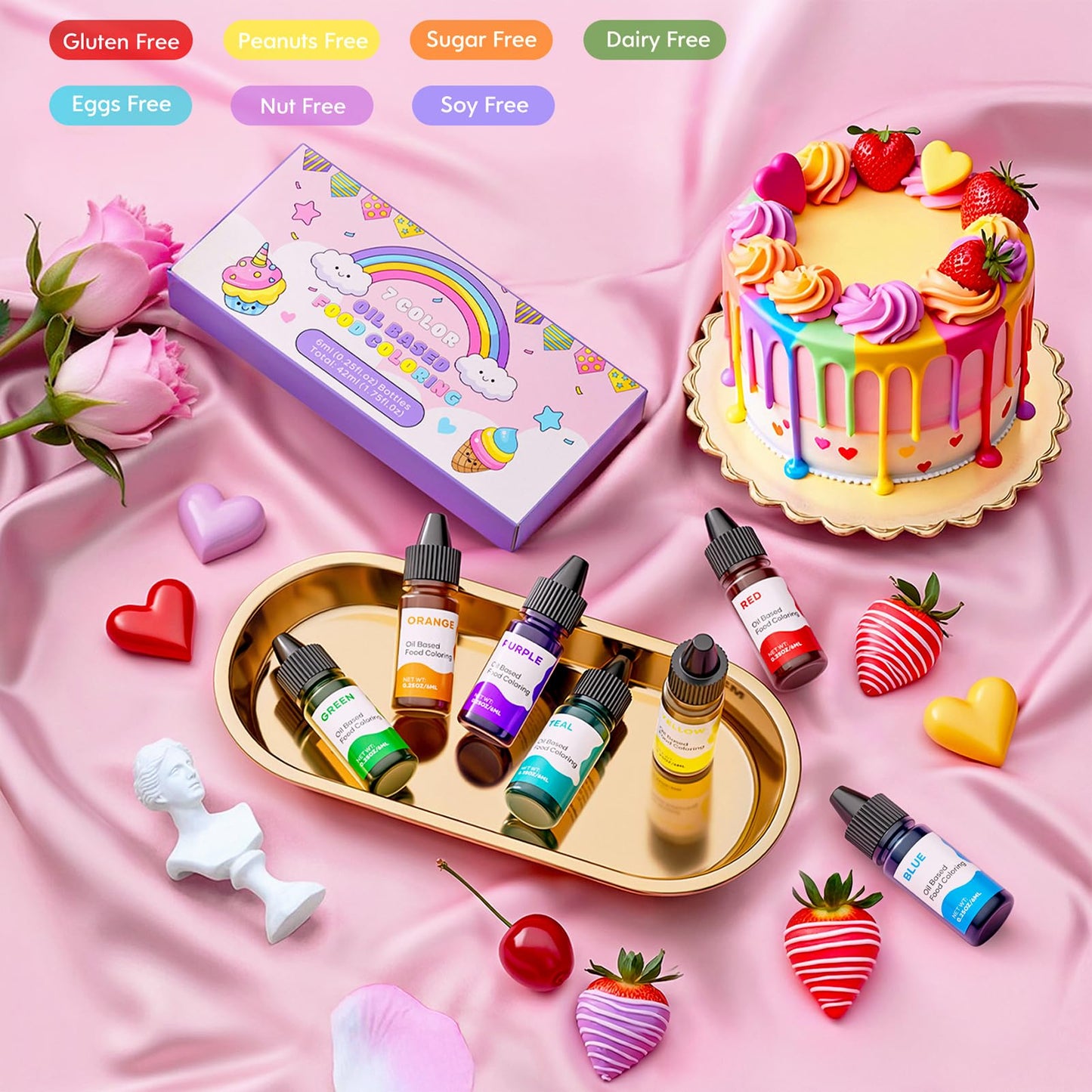 Oil Based Food Coloring for Chocolate Rainbow Oil Edible Food Dye Set for Halloween Baking Royal Icing Cookie Supplies Gluten Free 7x6ml Food Grade Food Color Kit, 0.25 Fl. Oz/Bottles
