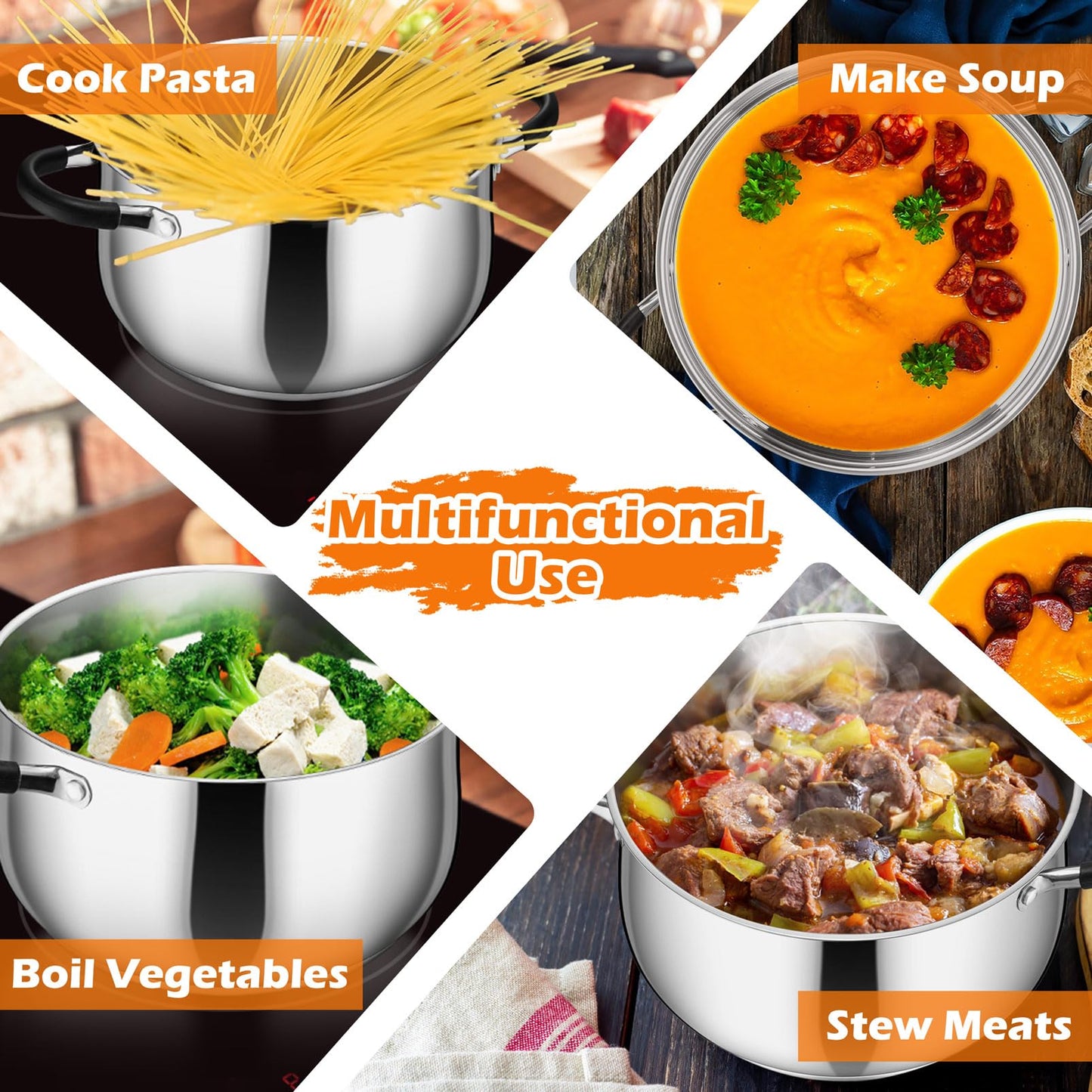 P&P CHEF Stainless Steel Stock Pot, 8 Qt Cooking Soup Pot with Visible Lid for Pasta, Tri-Ply Bottom & Dual Heatproof Handles, For Induction Gas All Stoves, Non-Toxic & Dishwasher Safe