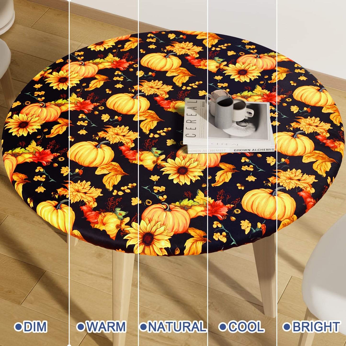Moosfor Round Spandex Thanksgiving Tablecloth, Elastic Fitted Waterproof Tablecloths for 57"-68" Tables, Stretch Washable Picnic Table Cover for Autumn Harvest Parties, Pumpkin Sunflower