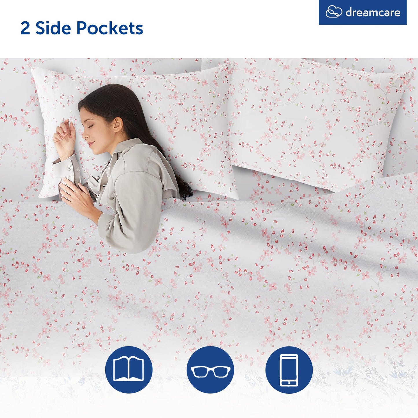 DREAMCARE Full Size Sheets - Cooling Sheets - 4pcs Set - up to 15" Deep Pocket Full Sheet Set - Sheets Full Size Bed - Soft & Long Lasting 100% Fine Brushed Polyester with Side Pocket Floral Blossom