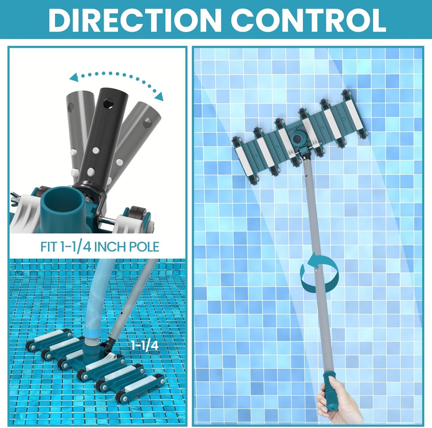 POOLWHALE 19" Heavy Duty Pool Vacuum Head - Flexible, Extra-Wide with Wheels & Swivel Handle for Easy Cleaning