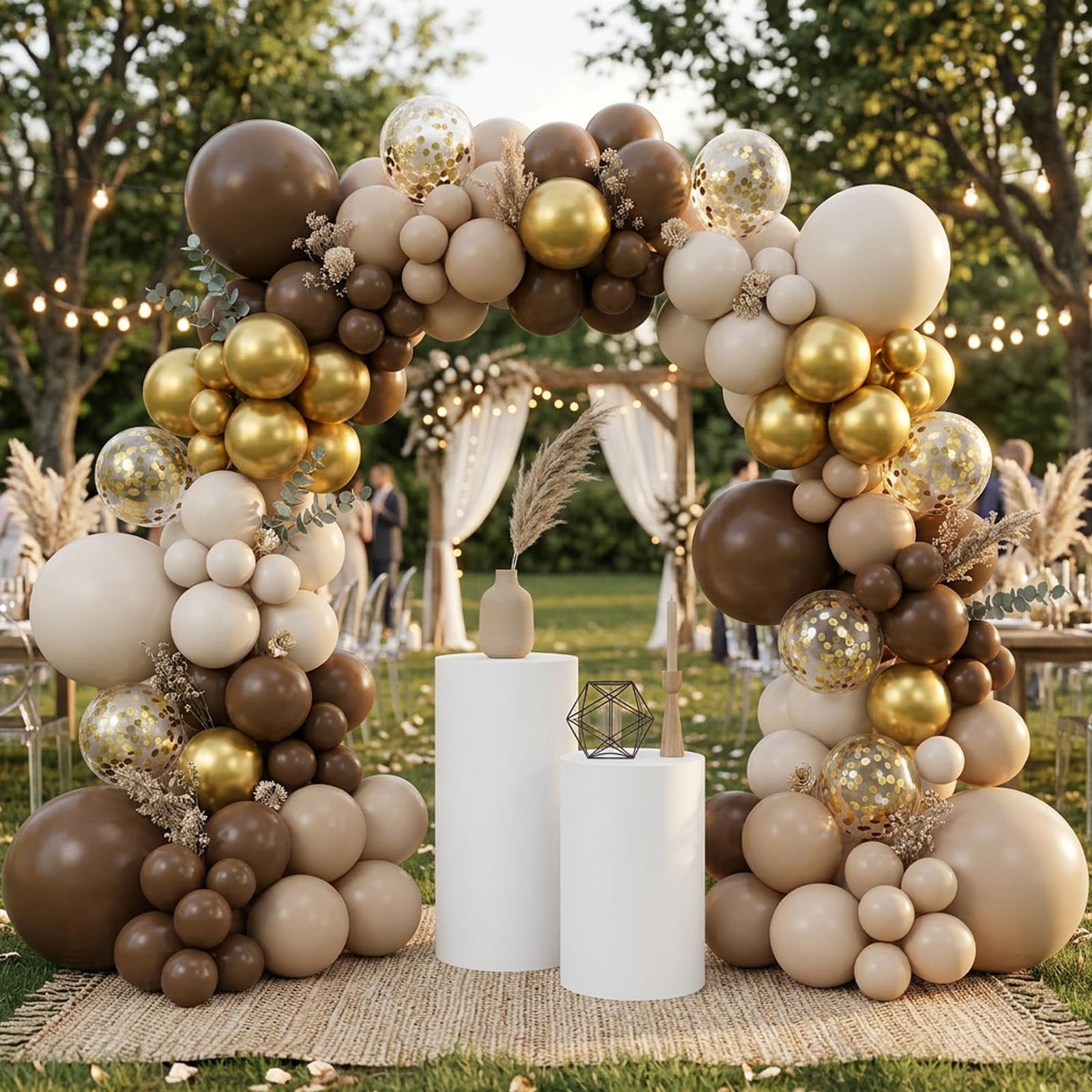 RUBFAC Brown Balloon Garland Arch Kit 129pcs Different Sizes Pack of 18 12 10 5 Inch, Latex Light Brown Coffee Sand White Cream Beige Confetti Gold Balloon Garland Arch Kit for Neutral Boho Bear