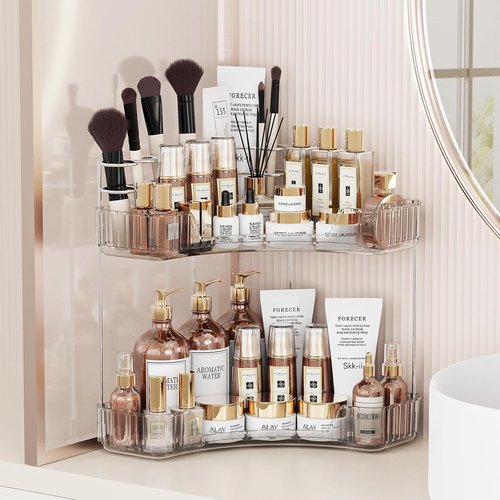 Asayuee 2-Tier Corner Bathroom Organizer - Large Clear Makeup & Skincare Holder with Toothbrush Slots