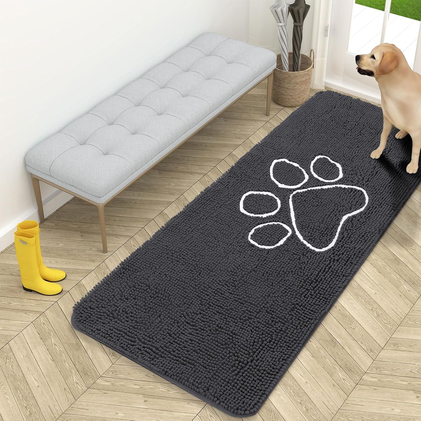 OLANLY Dog Door Mat - Absorbent Non-Slip Mud Mat for Paws | 59x24 Dark Grey Chenille Design