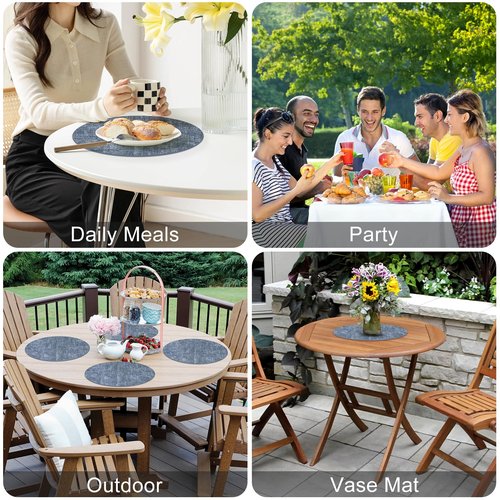 Homaxy Round Faux Leather Placemats and Coasters, Washable Dual-Side Table Mats, Wipeable Heat-Resistant Dining Place Mats for Outdoor and Indoor, Set of 6, Diameter 13 and 3.93 inch, Blue