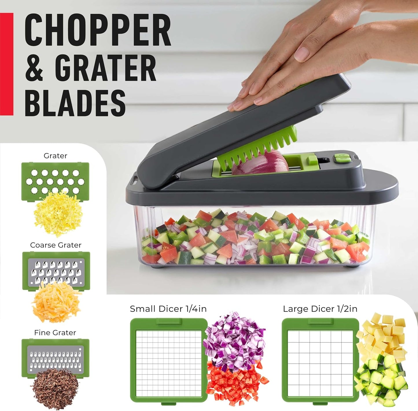Mueller Pro-Series 10-in-1 Vegetable Chopper - 8 Blades for Easy Dicing, Mincing & Slicing | Gray/Green