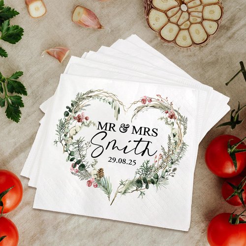 GODMERCH Personalized Wedding Cocktail Napkins - Custom Heart Floral Dinner Napkins for Bridal Shower, Mr Mrs Napkin, Customized Printed Cocktail Napkin for Engagement Table Décor Party Elegant