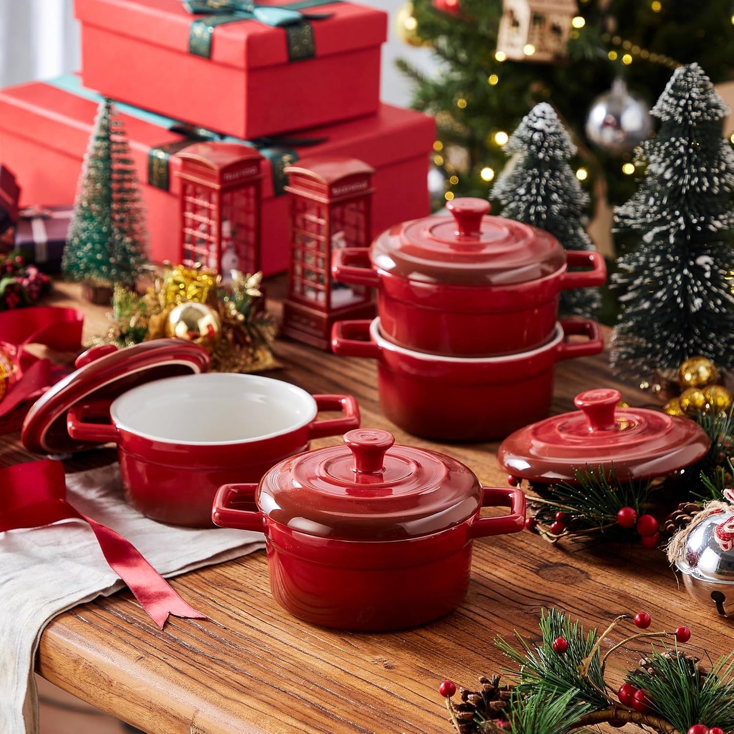 Lareina Mini Cocotte - 12oz Ceramic Casserole Dishes with Handles & Lid | Set of 4 - Red, Oven & Microwave Safe