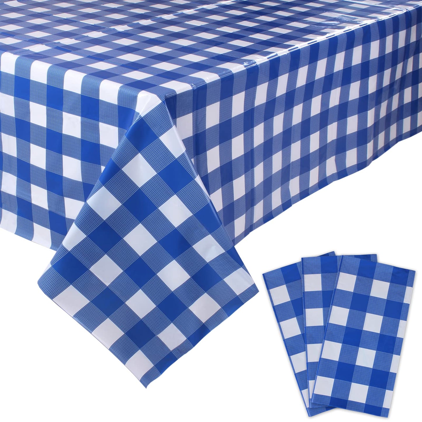 Kesfey 3 Packs White and Blue Gingham Table Cloths 54 x 108 Inches Disposable Plastic Checkered Tablecloths Waterproof Rectangle Picnic Party Tablecovers for Birthday Party Dining Table Kitchens