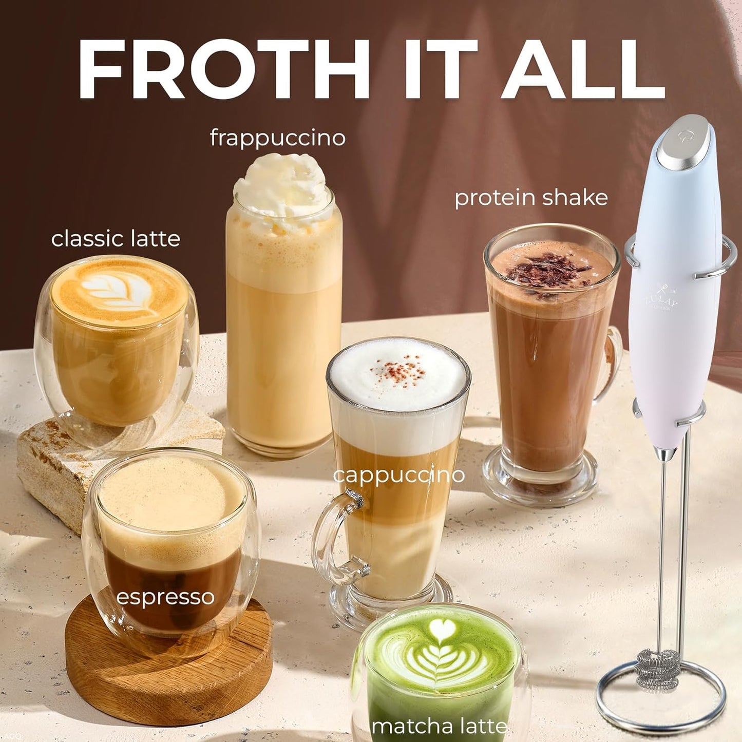Zulay Kitchen Tornado Triple Whisk Milk Frother - Handheld Foam Maker for Coffee & Lattes - Includes 4 Duracell Batteries - Sky Cloud