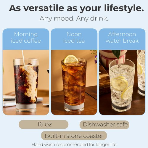 Coast Glassware The Tall – Protect Your Table – Highball Glass with Built-In Stone Coaster – Absorbent Cocktail & Water Tumblers, Set of 4, 16 oz