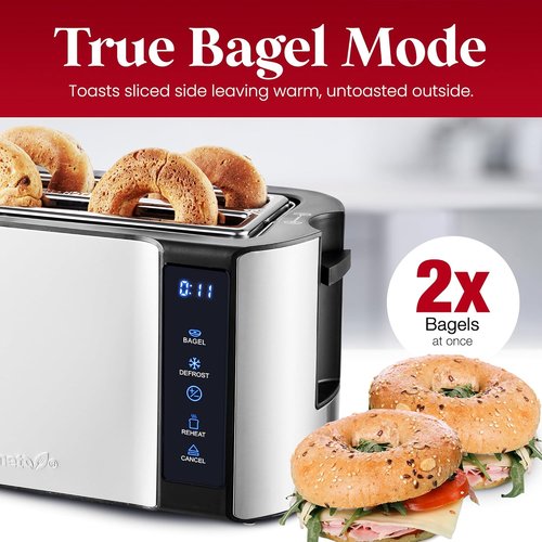 Elite Gourmet Long Slot 4-Slice Toaster - Countdown Timer, Bagel Function & Extra Wide Slots - Stainless Steel