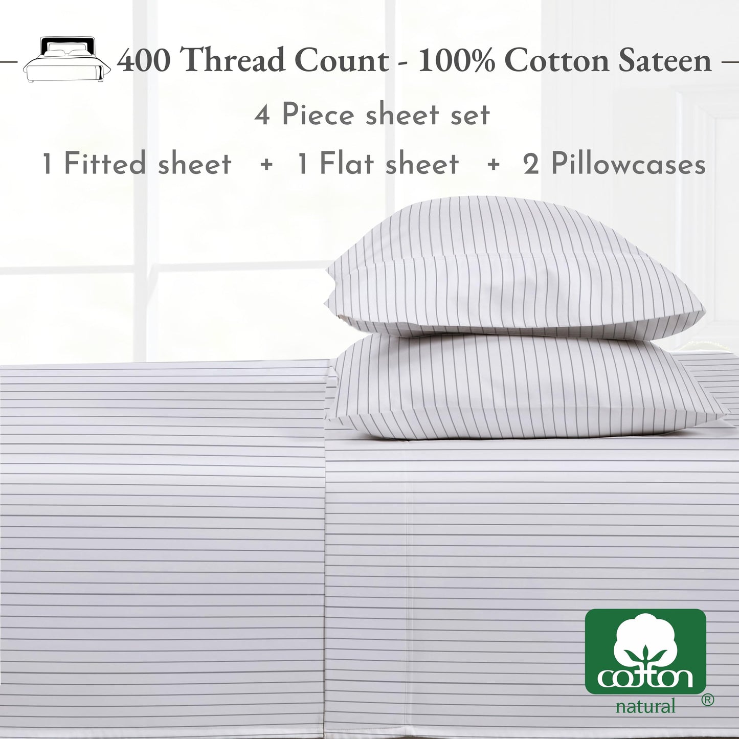 California Design Den Queen Sheet Set - 400 Thread Count Sateen, Natural 100% Cotton Sheet Set Queen Size, Deep Pocket Cooling and Durable Bedding - Pinstriped