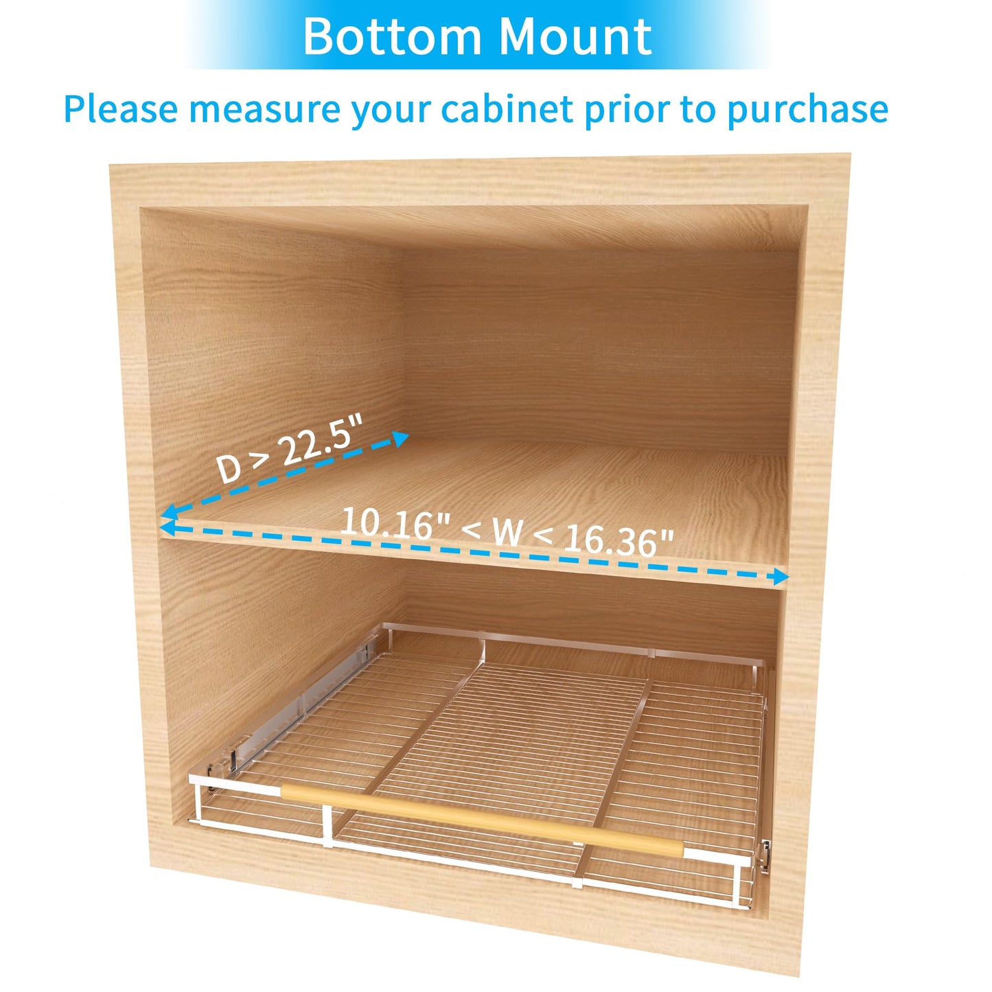 KIKIBRO Expandable Pull Out Drawer Cabinet Organizer, Adjustable Width Bottom-Mounted Slide Out Storage Shelves for Cabinets, Required Cabinet Size (W: 10.16"~16.36", D≥22.5"), 1 Pack