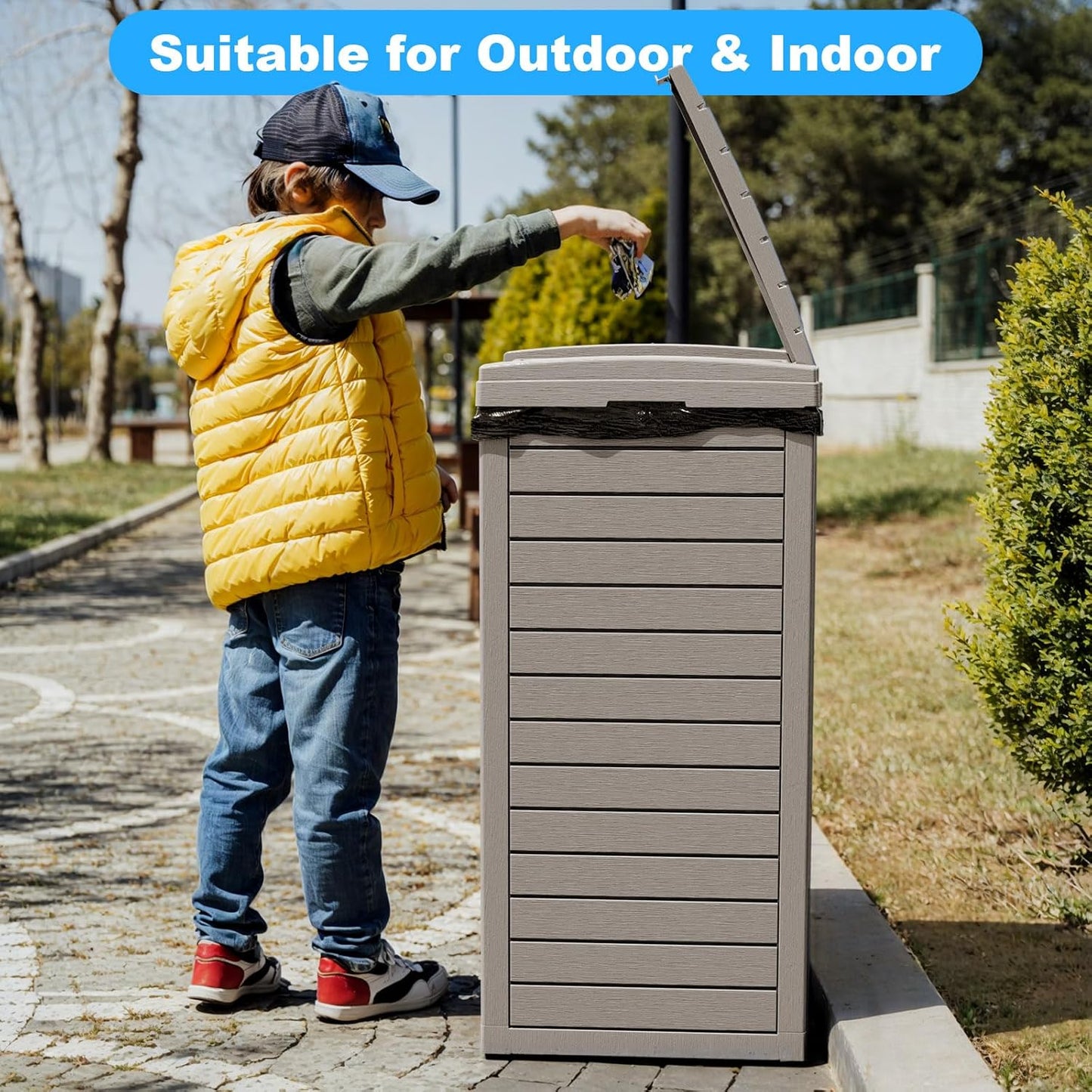 Regine Switzerland Outdoor Trash Can - Waterproof Resin Bin with Dual Lid Closure | 38 Gallon, Grey