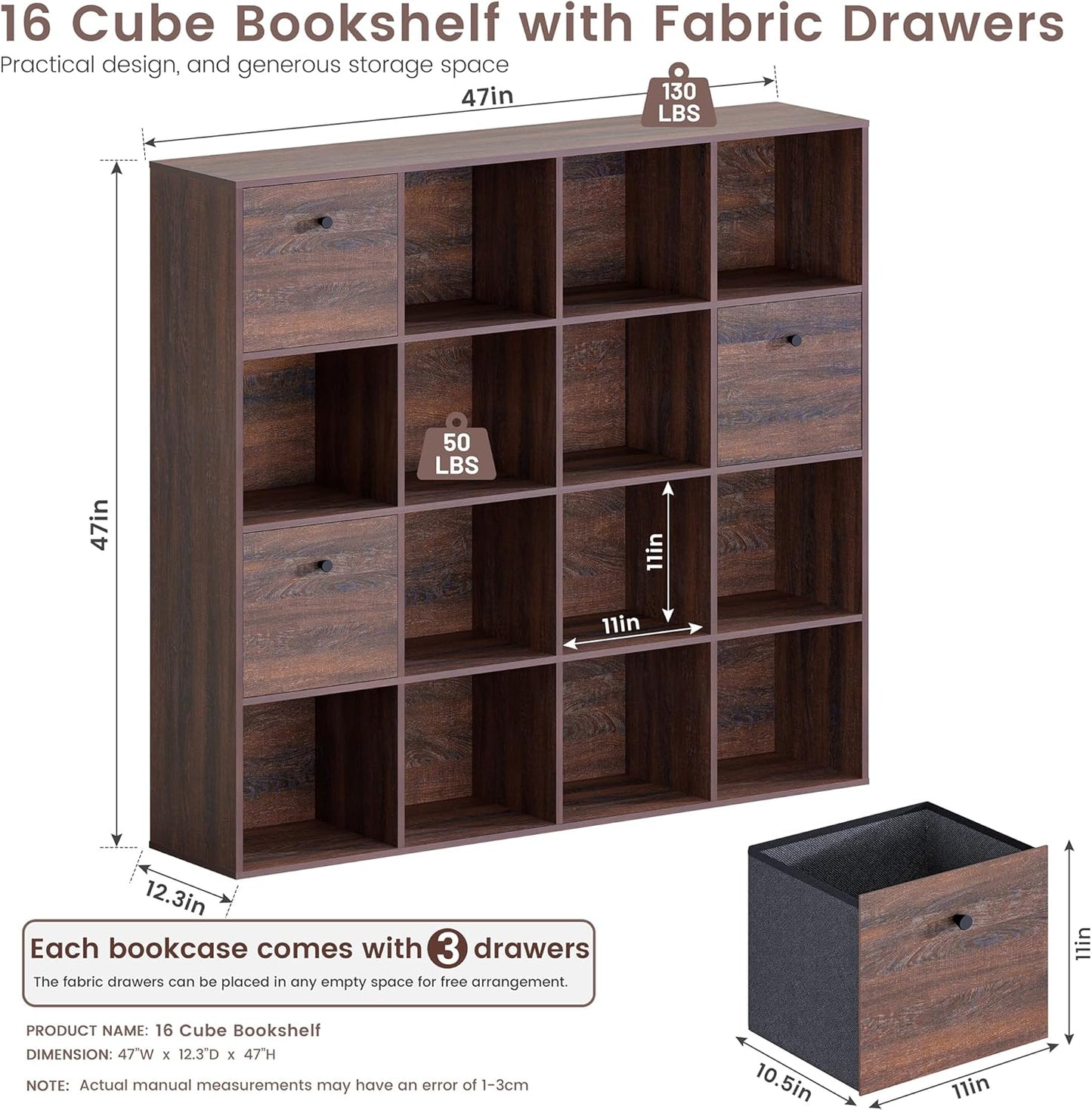 Walnut 16-Cube Storage Organizer - Stylish Wooden Bookcase with 3 Drawers | 47" Wide Freestanding Shelf for Home Office & Library