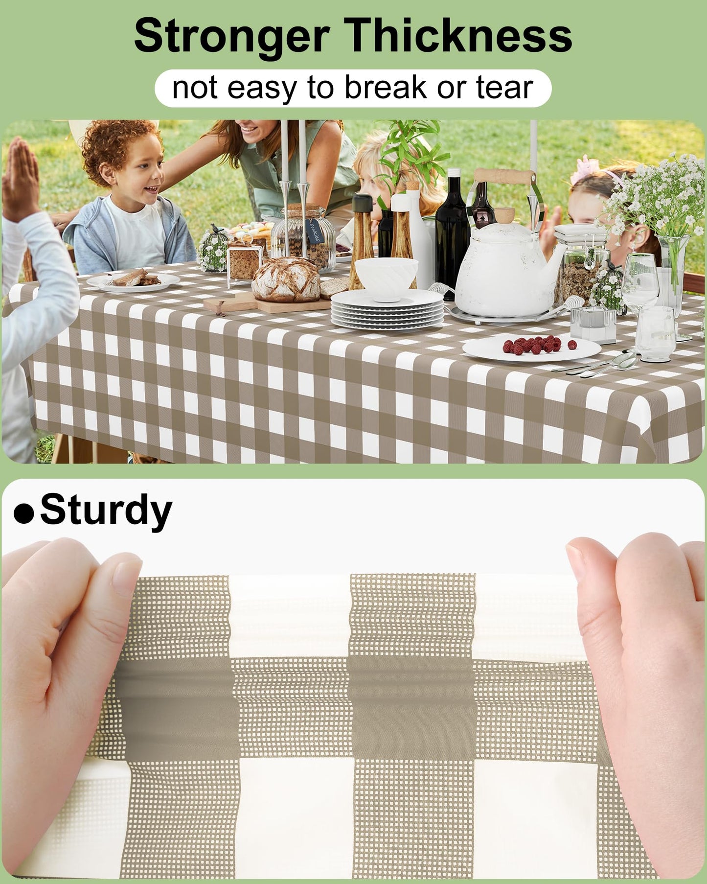 Smiry 8 Packs Gingham Disposable Table Cloth, 54 x 108 Inch Waterproof Plastic Tablecloth, Rectangle Khaki and White Checkered Table Covers for Outdoor, Birthday, Party
