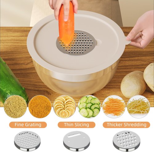 Fyrnova Mixing Bowls with Lids Set, 6 Piece Stainless Steel Nesting Storage Bowls for Kitchen, with 3 Grater Attachments & Non-Slip Bottoms, Size 5.5,3.5,2.5,2.1,1.5,1.1 QT