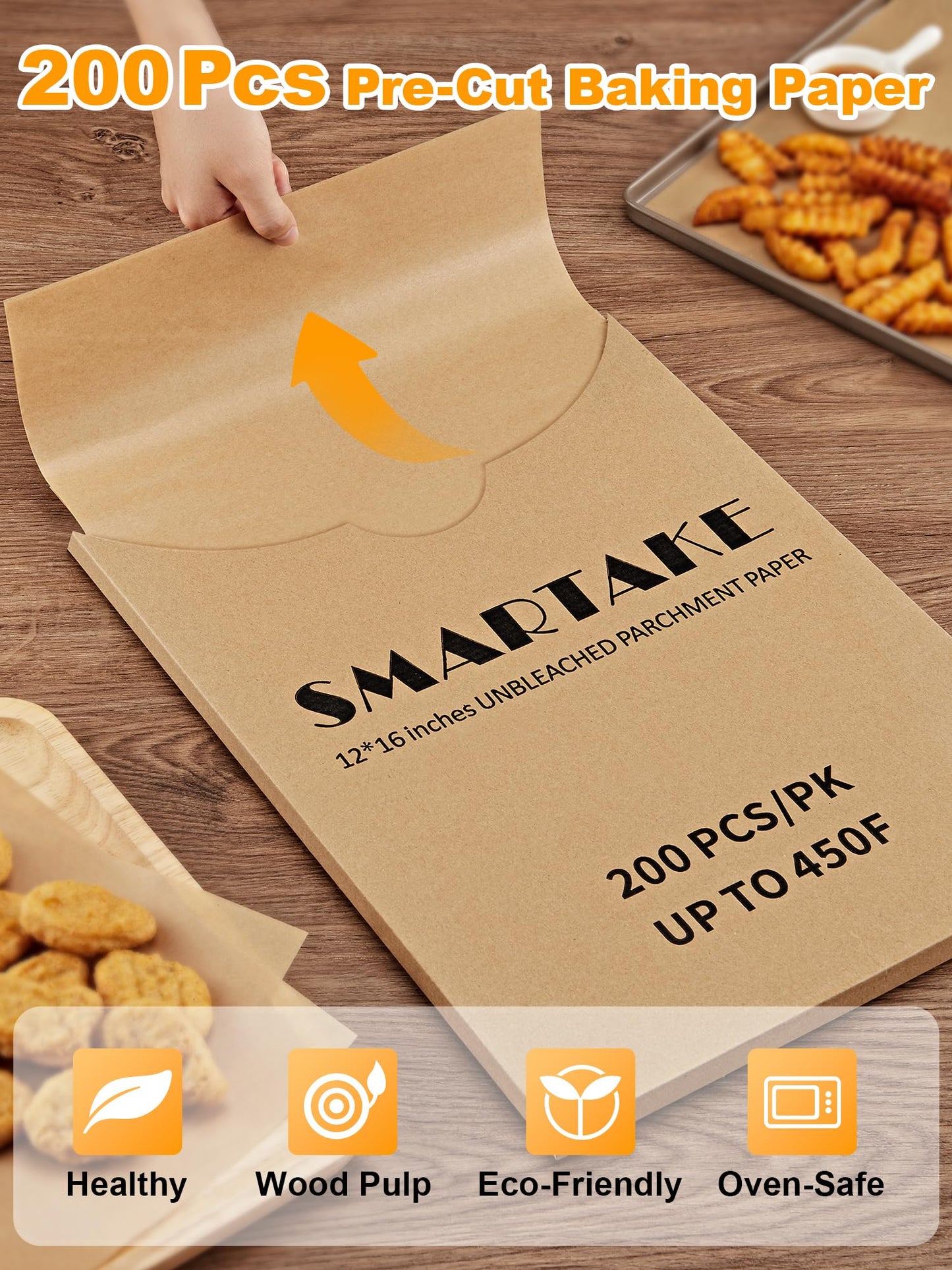 SMARTAKE 200 Pcs Parchment Paper Baking Sheets, 12x16 Inches Non-Stick Precut Baking Parchment, for Baking Grilling Steaming Bread Cup Cake Cookie and More (Unbleached)