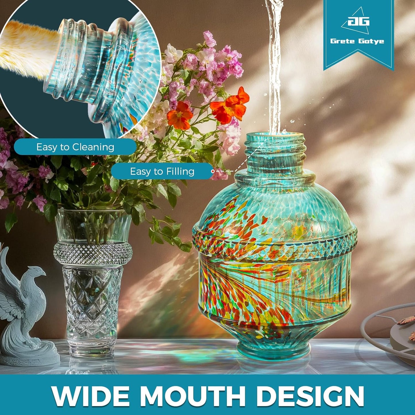 Skiennix Hand Blown Glass Hummingbird Feeder - 25 Ounce Leak-Proof Design with 5 Flower Ports | Blue Garden Decor