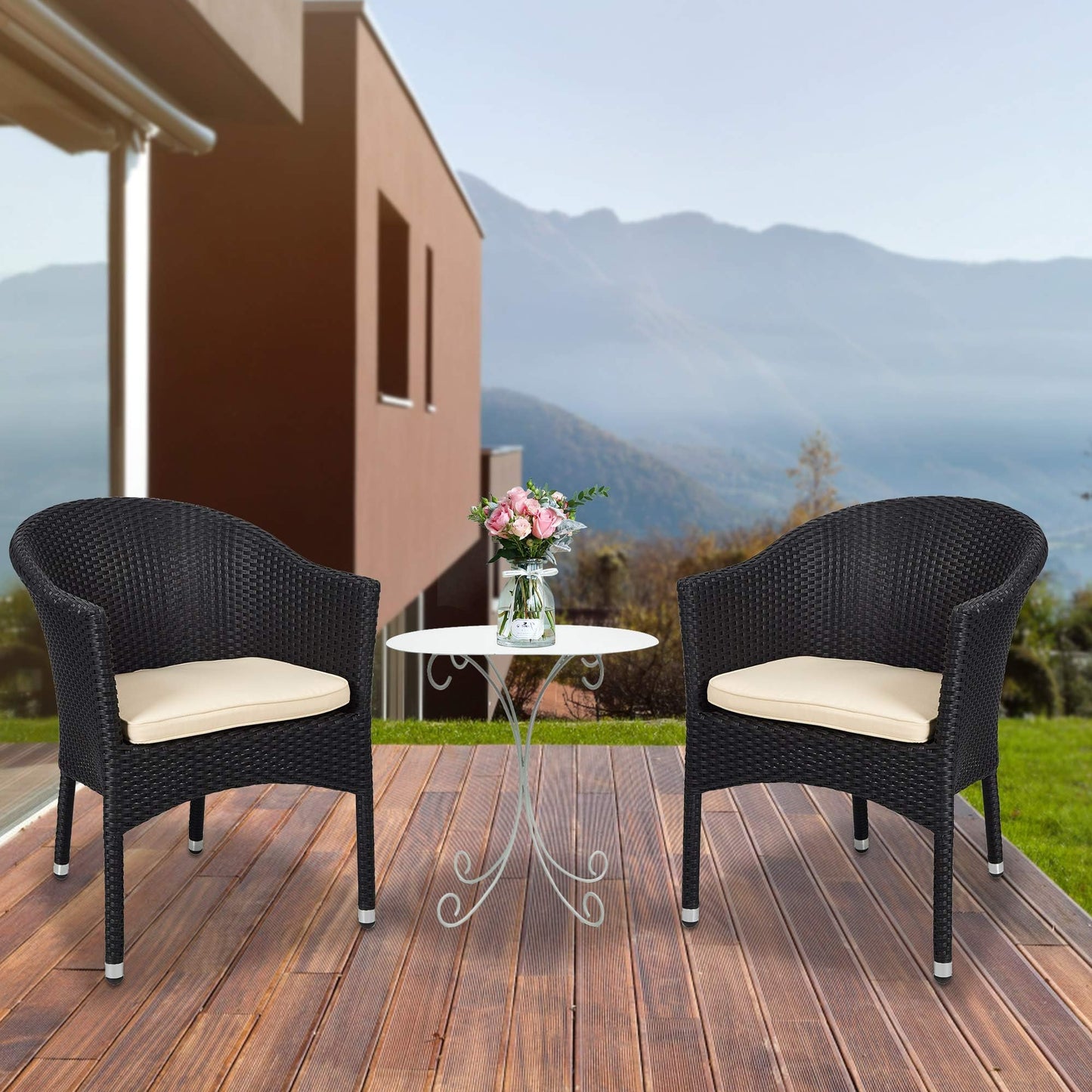 TRY & DO Patio Outdoor Rattan Wicker Dining Chair with Removable Soft Cushion, Indoor Outdoor Rattan Dining Chair for Garden, Balcony, All-Weather Armchair, No Assembly Required, 1 PC(Black)