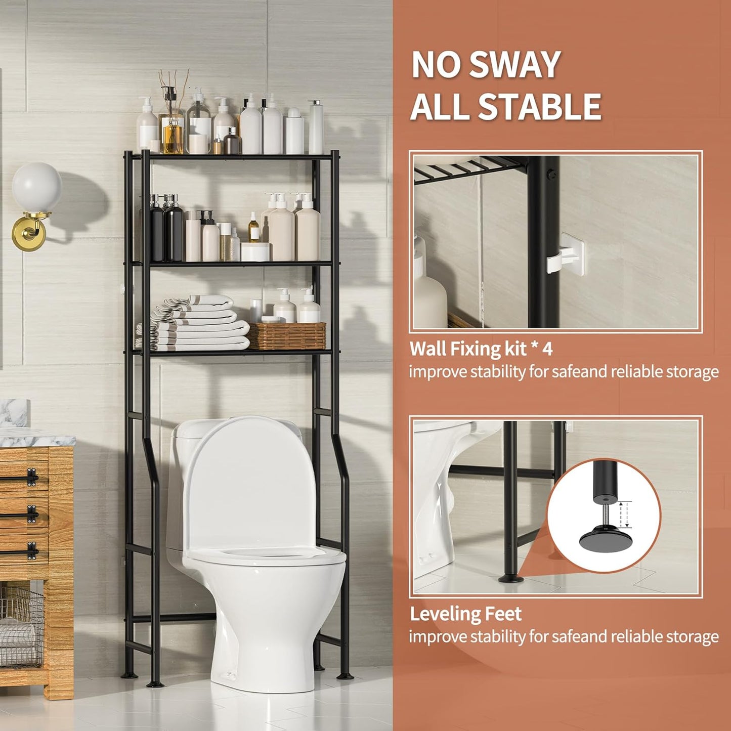 Regine Switzerland 3-Tier Over The Toilet Storage - Freestanding Metal Bathroom Shelves in Black