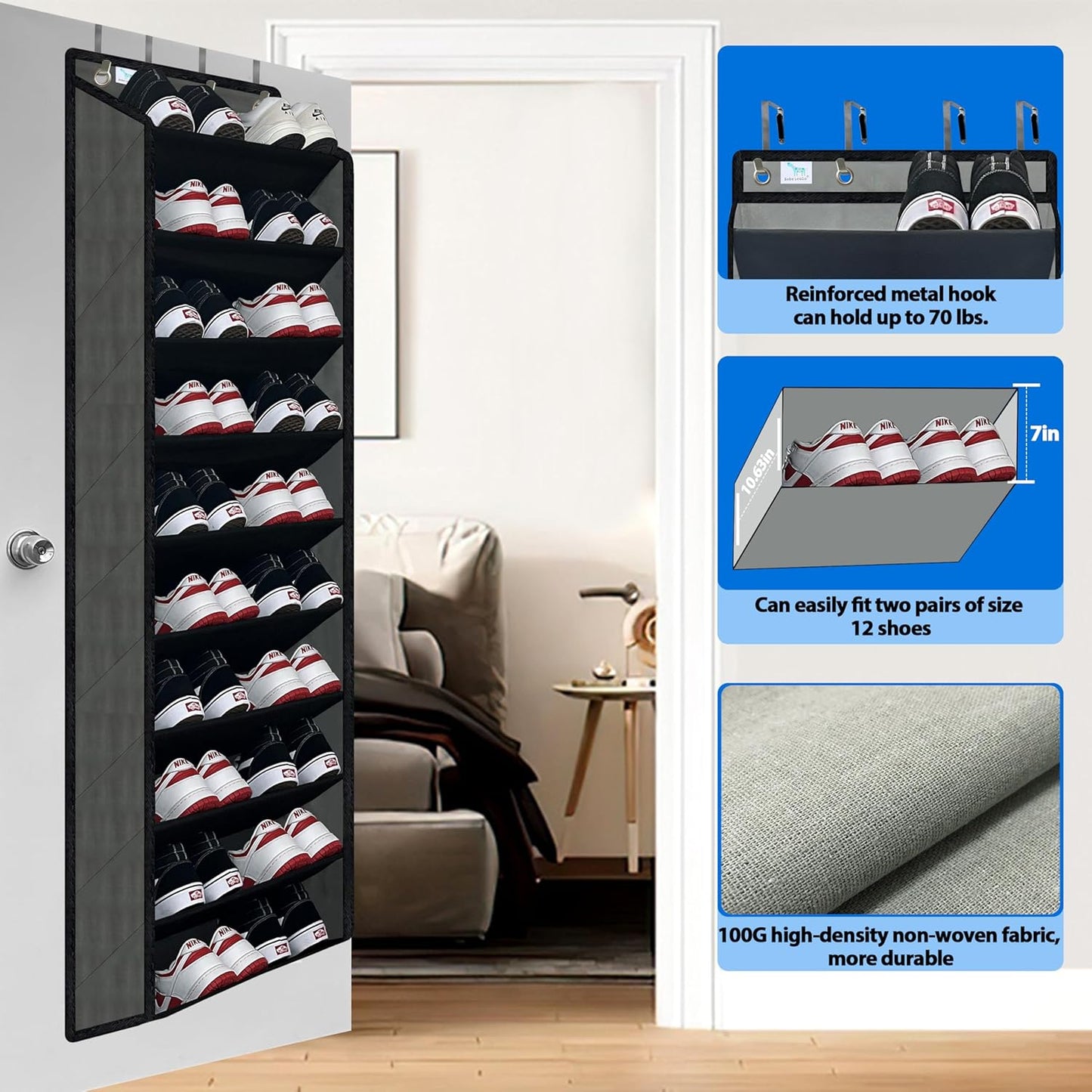 Skiennix Shoe Organizer - 70 lbs Capacity | 20-30 Pair Over The Door Rack - 10 Tiers, Grey/Black