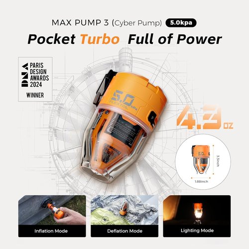 FLEXTAILGEAR Max Pump 3 - Portable 5Kpa Air Pump for Inflatables | 500L/min with Camping Light